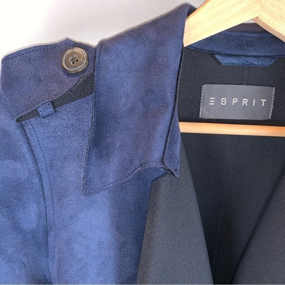 Esprit Midnight Blue Ultrasuede Belted Long Trench Military Coat sz XS - Picture 3 of 11